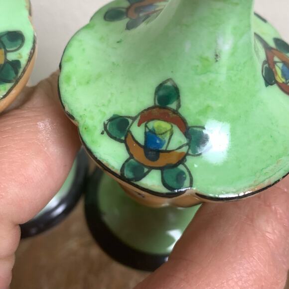 VTG Salt and Pepper Green‎ Orange 1930s Lusterware hand painted Floral Japan - Picture 6 of 9
